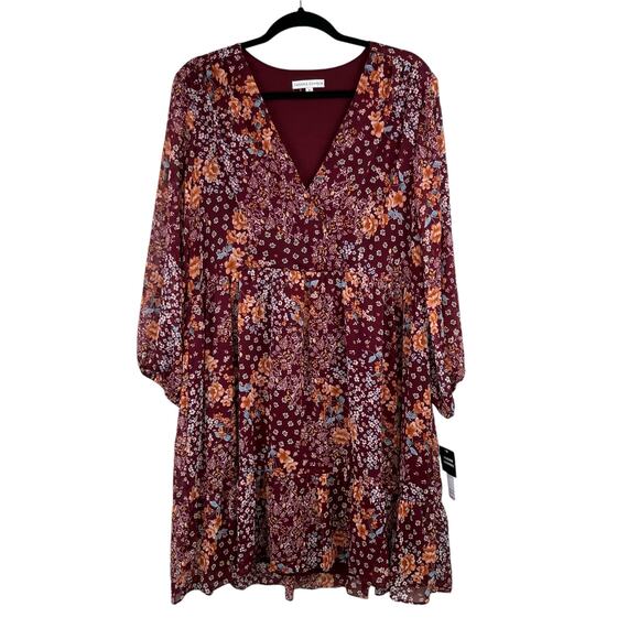 Sandra Darren Burgundy Floral Balloon Sleeve V-Neck Babydoll Mini Dress 6 NWT - Picture 2 of 15